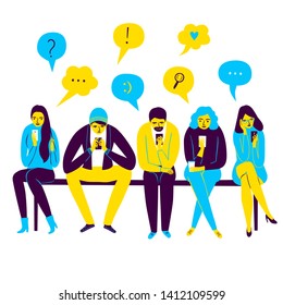 Set of cartoon people on white background sitting and looking on smartphone screen. Social networks  vector illustration for your design.
