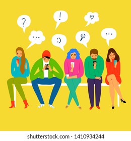 Set of cartoon people sitting and looking on smartphone screen. Social networks  vector illustration for your design.