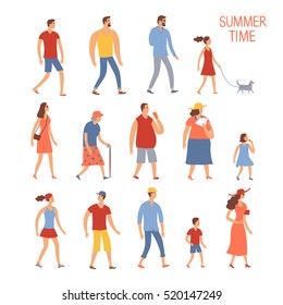 Set of cartoon people in summer clothes. Including various lifestyles and ages like businessman, man, woman, teenagers, children, seniors, couple. Characters illustrations for your design.