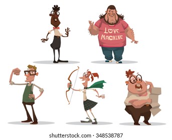 Set of cartoon people. They very smart but look very strange and funny. They are different sizes and colors, but all love science and games. vector illustration