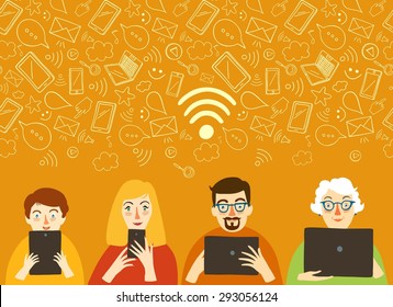 Set of cartoon people using internet connection with gadgets: phone, laptop, tablet. Vector poster