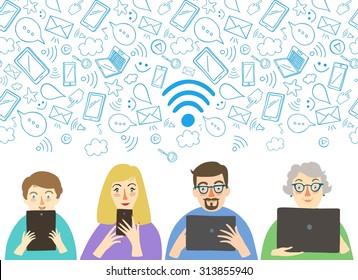 Set of cartoon people using internet connection with gadgets: phone, laptop, tablet. Vector poster