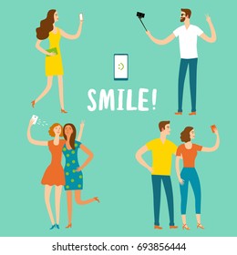 Set of cartoon people using their gadgets taking self photo.  Modern characters illustration for your design.