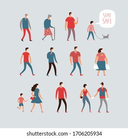 Set of cartoon people in various lifestyles and ages wearing face masks. Including businessman, man, woman, teenagers, children, seniors, couple. Illustration about saefty for your design.