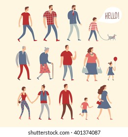 Set of cartoon people in various lifestyles and ages. Including businessman, man, woman, teenagers, children, seniors, couple. Characters illustrations for your design.