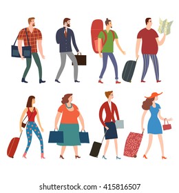 Set of cartoon people in various lifestyles walking with bags and suitcases. Including traveling businessman, man, woman, teenagers. Characters illustrations for your design.