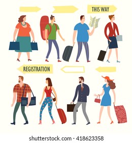 Set of cartoon people in various lifestyles walking with bags and suitcases. Including businessman, man, woman, teenagers and pointing signs. Characters illustrations for your design.