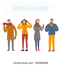 Set of  cartoon people wearing winter clothes .Seasonal illustration for your design