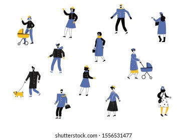 Set of cartoon people in winter outerwear clothes. Including various lifestyles and ages like businessman, man, woman, teenagers, seniors in outdoor activities. Characters flat illustrations.