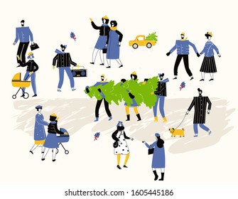 Set of cartoon people in winter outerwear clothes. Including various lifestyles and ages like businessman, man, woman, teenagers, seniors in outdoor activities. Characters flat illustrations.
