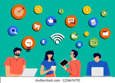 Set of cartoon peoples using internet device like smartphone and laptop with digital lifestyle action. Vector illustrations.
