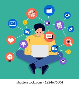 Set of cartoon peoples using internet device like smartphone and laptop with digital lifestyle action. Vector illustrations.