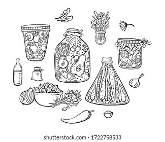 A set of cartoon pickled or marinated vegetables and spices, outline vector illustration