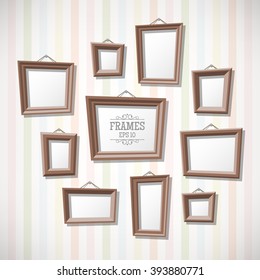 Conjunto de cuadros de dibujos animados en la pared. Fotografías en blanco en estilo plano.