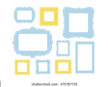 Set of cartoon picture frames organized as gallery wall. Blank frames isolated on white vector illustration. Balanced composition. Ready collage for photos or pictures