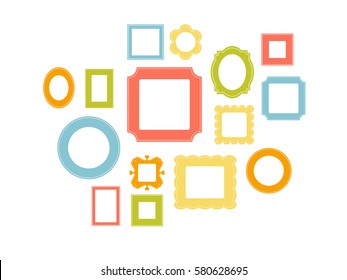 Set of cartoon picture frames organized as gallery wall. Blank colored frames isolated on white vector illustration. Balanced composition. Ready collage for photos or pictures