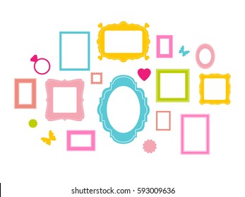 Set of cartoon picture frames organized as gallery wall. Blank colored frames isolated on white vector illustration. Balanced composition with decorative elements. Ready collage for photos or pictures