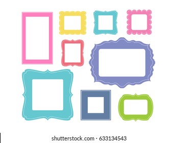 Set of cartoon picture frames organized as gallery wall. Blank colored frames isolated on white vector illustration. Ready collage for photos or pictures.