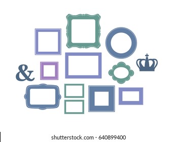 Set of cartoon picture frames organized as gallery wall. Blank colored frames isolated on white vector illustration. Balanced composition with decorative elements. Ready collage for photos or pictures