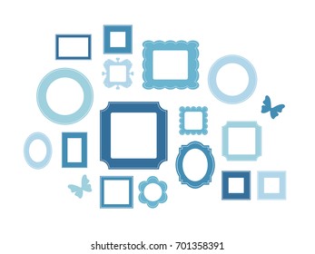Set of cartoon picture frames organized as gallery wall. Blank colored frames isolated on white vector illustration. Balanced composition with decorative elements. Ready collage for photos or pictures