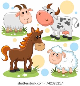 Set of cartoon pictures with animals for children sheep, goat, cow and horse.