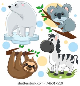 A set of cartoon pictures for children featuring a bear, a koala, a zebra and a sloth on a tree.