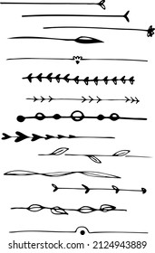 A set of cartoon pictures from different drawn arrows, lines. White and black flat icons of mixed style. Vector illustration. white background