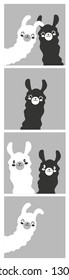 Set of cartoon pictures, images, photography with llama black and white color. Gray background. Vector illustration. Flat design.