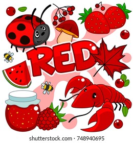 A set of cartoon pictures of red color for children, depicting ladybird, cancer, berries, jam and watermelon on a red background.