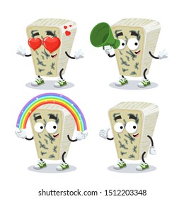 set of cartoon piece of soft blue cheese character mascot on white background
