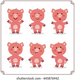 Set of cartoon pig in different emotion isolated on white background.