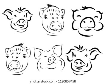 set Cartoon Pig symbol, logo, Contour Design.