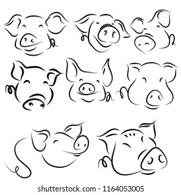 set Cartoon Pig symbol, logo, Contour Design.