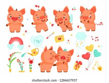 Set of cartoon piggy, flowers and elements for Valentine's Day or wedding invitation