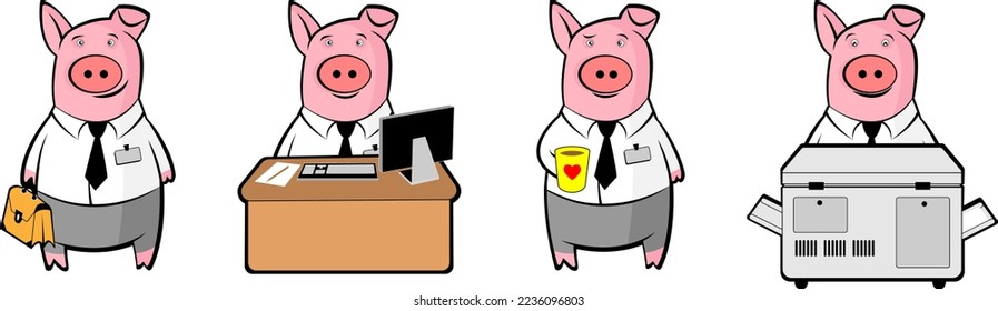 Set of cartoon pigs in the office.
