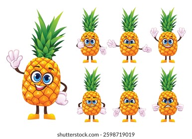 Set of cartoon pineapple characters showing various facial expressions and hand gestures. Vector illustration