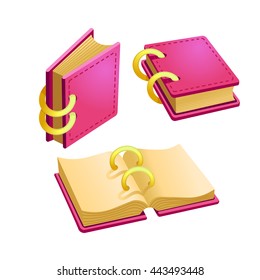 Set of cartoon pink book from different angles.Isolated vector elements for game design.