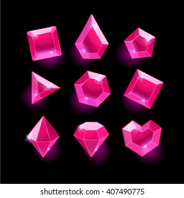 Set of cartoon pink different shapes crystals, gemstones, gems, diamonds vector gui assets collection for game design. isolated vector elements. Gui elements, vector games assets. menu for mobile games
