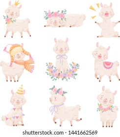 Set of cartoon pink llamas. Vector illustration on white background.