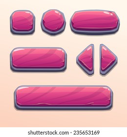 Set of cartoon pink stone buttons, bright vector ui elements