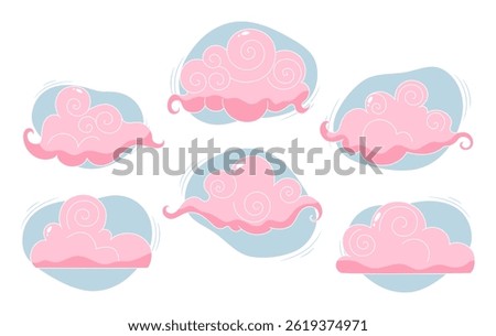 Set of cartoon pink swirl clouds. Hand drawn celestial doodle clouds in blue sky. Vector illustration