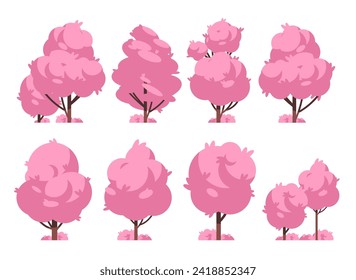 Conjunto de árboles de dibujos animados rosados para ilustración paisajística. Naturaleza vectorial plana elementos orientales