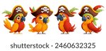 Set of cartoon pirate birds in a ship captains hat. A cute and bright parrot in a large pirate hat.