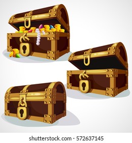 Set cartoon pirate coffer with treasure and gold