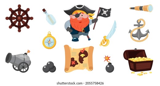 Set of cartoon Pirate items. Cute Bundle Pirate. Pirate character, spyglass, map, saber, treasure chest, anchor. Illustration isolated on white. Elements of piracy. Designs for print and web