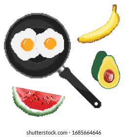 Set of cartoon pixel food: eggs, avocado, coffee, cakes, hamburger, banana. Pixel art breakfast. Pixel art 8 bit.