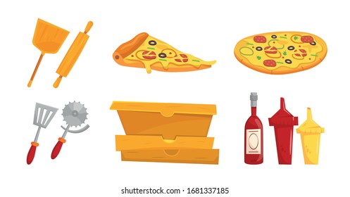 Set of cartoon pizza vector illustration isolated on white background. Pizzeria elements. Slice and whole pizza, baker tools, pizza knife, delivery boxes, sauces, wine. 