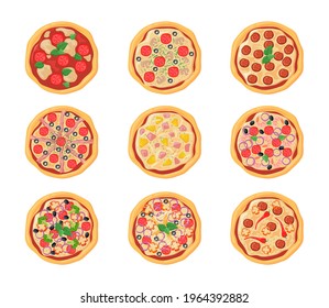 Set of cartoon pizzas with different stuffing. Flat vector illustration. Top view collection of various chicken, pepperoni pizzas isolated in white background. Food, menu, pizza, cuisine concept