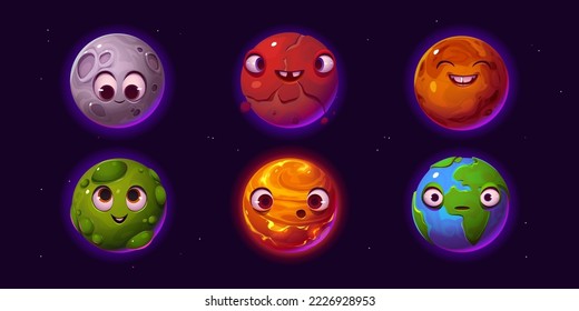 Set of cartoon planet characters isolated on sky background. Vector illustration of Earth, Moon, alien celestial bodies with happy, surprised, sad, comic face expressions. Kids game ui design elements