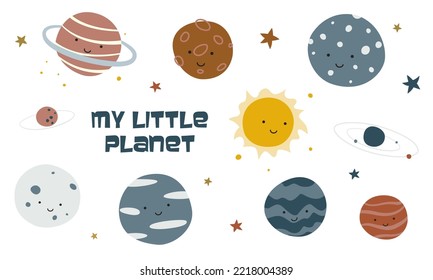 Set of cartoon planets with cute faces